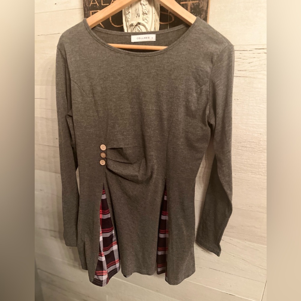 Gray Women's Cellabie Blouse with Plaid Accents